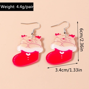 Detailed view of Christmas bear and red sock earrings with exact size measurements