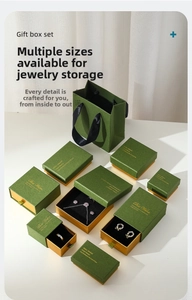Macro detail of luxury dark green textured paper jewelry boxes with gold foil embossing
