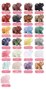 Selection of diverse natural gemstones and crystals carved into small elephant figurines
