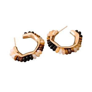 18K gold plated C-shaped hoop earrings with brown tiger eye stone beads and stud back