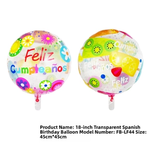 Detail of 18 inch transparent foil balloons with Feliz Cumpleaños fruit and floral patterns