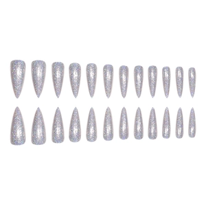 Detailed set of 24 long stiletto holographic silver glitter press-on nail extensions