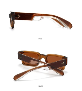 Side and back view showing the detailed brown frame and metallic accents of square sunglasses