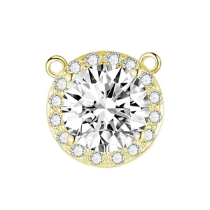 Macro shot of gold pendant featuring a large central zircon and halo setting on white background