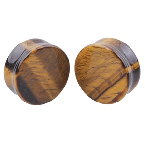 Polished natural tiger eye stone ear plugs with golden brown striped texture on white backdrop
