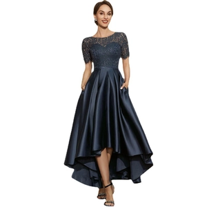 Navy blue satin evening gown with lace bodice and irregular high-low hemline