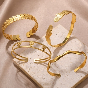 Stainless Steel Cuff Bracelet Gold Plated Adjustable Open Bangle Hollow Heart Braided Chain Geometric Jewelry For Women