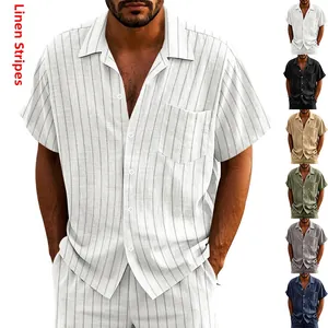 Detailed view of men's linen striped short sleeve shirt set with vertical texture