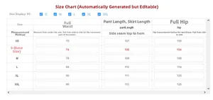 Size chart for high waisted cargo jeans showing measurements from XS to XXL in cm