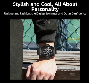Close-up of black sports watch with functional sub-dials and iconic screw-detailed bezel