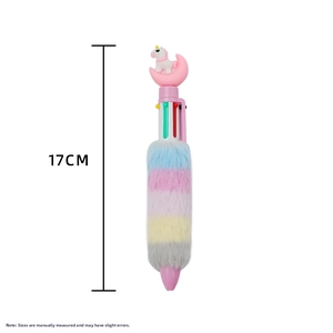 Detail shot of a 17cm plush unicorn multi-color pen with colorful gradient fur and unicorn top
