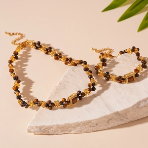 Tiger eye bead necklace and bracelet set with golden square zircon pendant jewelry