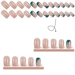 Green gold foil press-on nails set with nude pink glossy square false nail tips