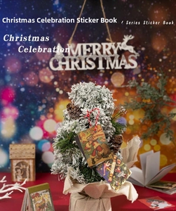 Detail of vintage Christmas gold foil stickers with Santa Claus and festive decor motifs