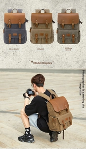 Waterproof canvas camera backpack in charcoal, khaki, and army green with leather trim
