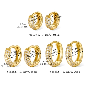 Detailed size chart showing three sizes of gold-plated S925 silver pavé huggie earrings