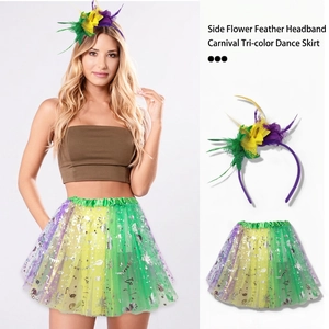 Mardi Gras Carnival Costume Feather Headband Lace Mesh Tutu Skirt Tulle Sequins Purple Green Yellow Party Wear Festival
