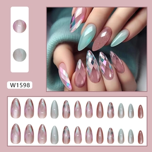 24pcs irregular crystal texture press-on nails with pink and teal gradient almond shape