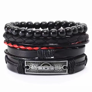 Men's 4-piece set including black beads, red woven leather, and I Love U metal charm bracelet