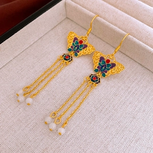 Elegant gold butterfly tassel earrings with colorful enamel and white jade-style beads