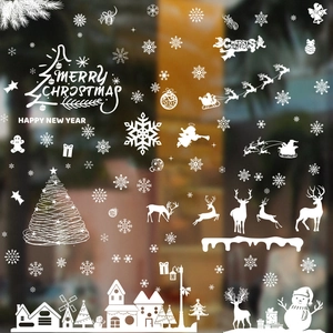White Christmas window decals with snowflakes, reindeer, and Santa Claus for glass decoration