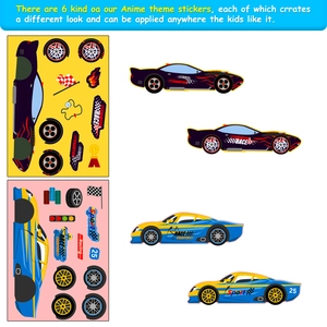 Detail of 6-pack cartoon race car DIY stickers for kids showing vehicle assembly parts