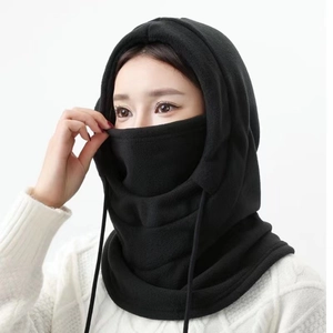 Close-up of black fleece winter hood scarf with thermal neck and face protection