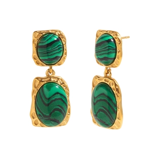 Boucles d'oreilles vintage en acier inoxydable plaqué or 18K avec pendentifs en malachite