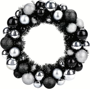 Detail of 44pcs Christmas wreath with black and silver glitter balls on white background