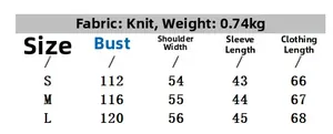 Size chart for the knitted poncho top showing measurements for S, M, and L sizes