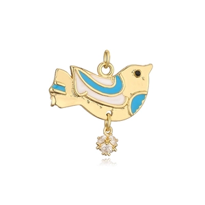 Detail of bird pendant with sky blue enamel finish and dangling zircon crystal ball