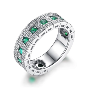 Vintage Copper Geometric Wide Band Ring For Women Silver Tone Emerald Green Rhinestone Pave Full Finger Index Ring Jewelry