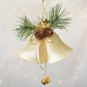 Christmas pine cone and gold bells hanging ornament with velvet bow and ribbon decoration