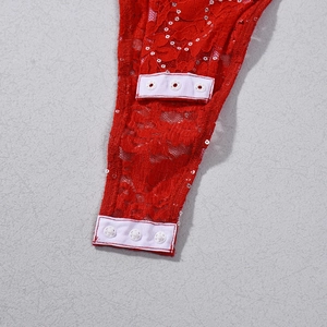 Detail of red lace bodysuit crotch area with three white snap button closures