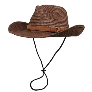 Dark brown hand-woven raffia straw cowboy hat with adjustable chin strap and suede band