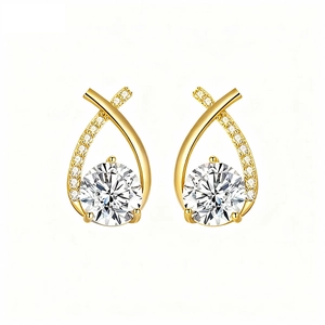 Elegant fishtail cross stud earrings with sparkling cubic zirconia set in golden finish