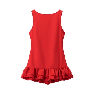 Sexy red sleeveless halter neck mini dress with layered ruffle hem and backless design