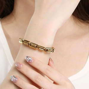 Chunky gold stainless steel square link chain bracelet with textured biker style for men