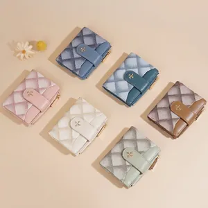 Short quilted trifold wallets for women with metal clasp and zipper in six colors