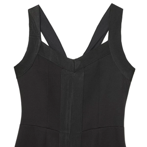 Tight-fit black ribbed knit mini dress featuring wide shoulder straps and V-neckline