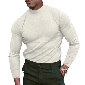 Close-up of the high neck collar and fine knit texture on men's long sleeve off-white shirt