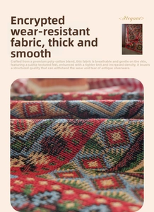 Detail of bohemian jacquard fabric showing heavy textured weave and retro geometric patterns