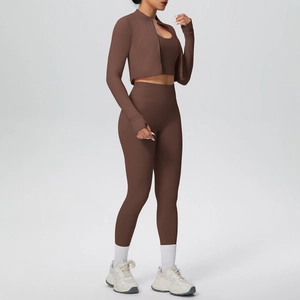 Completo yoga 3 pezzi marrone scuro con giacca con zip, reggiseno sportivo e leggings a vita alta