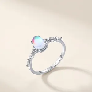 S925 Sterling Silver Oval Moonstone Ring For Women Vintage Minimalist Inlaid Rhinestone Geometric Finger Ring Jewelry Gift