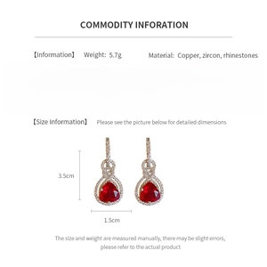 Specifiche dettagliate per orecchini in zircone rosso di dimensioni 3,5 cm per 1,5 cm
