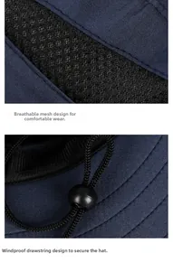 Dettaglio del cappello da sole con rete traspirante e corda antivento regolabile nera