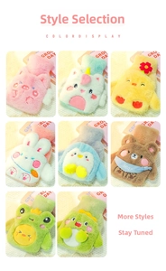 Style selection of cute plush animal hot water bottles in various pastel colors