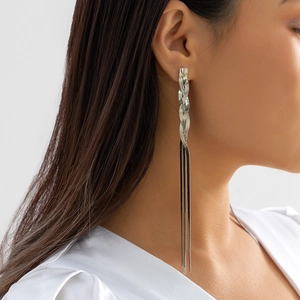Close-up of long silver tassel earrings with flat snake chain fringe worn by model