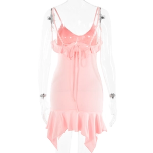 Detail of pink V-neck dress featuring ruffled neckline, drawstring, and irregular hem