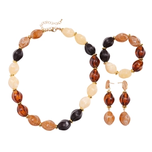 Bohemian acrylic resin jewelry set featuring amber marble beads and golden spacers